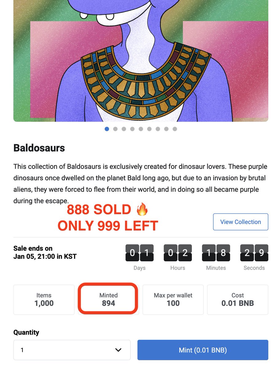 #Baldosaurs #NFT no.888 has been #SoldOut  
The ONLY Last no.999 is LEFT NOW🔥
Hurry to get yours!
