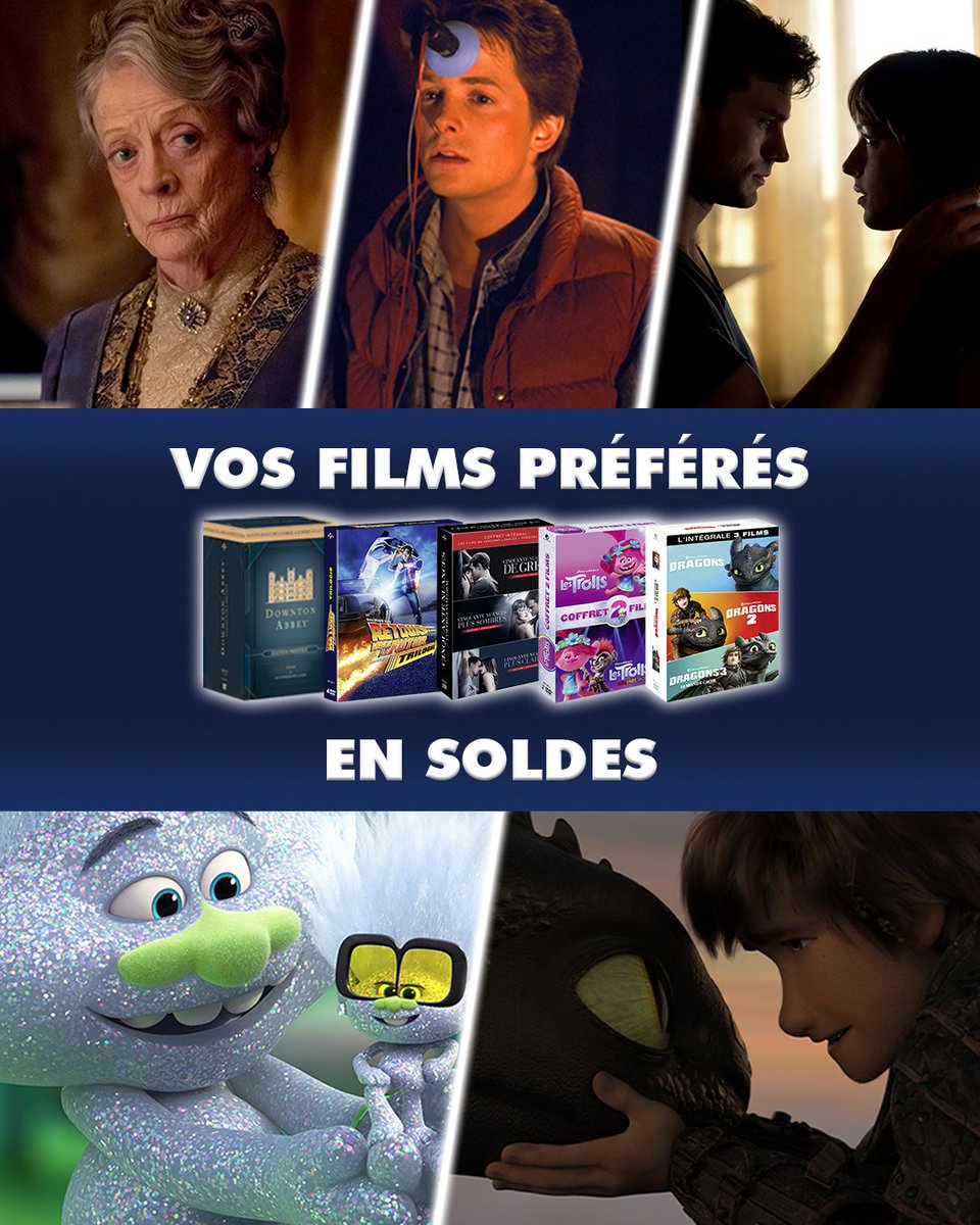 BackToUniversal's tweet photo. C'est les #soldes même chez nous, l'occasion de (re)plonger dans tous vos films préférés ! Les coffrets de #RetourVersLeFutur, #50NuancesDeGrey, #DowntonAbbey, #LesTrolls, #Dragons et bien d'autres sont disponibles ici 📀▶︎ https://t.co/ENYohpNMYz https://t.co/ZxqBurbsCO