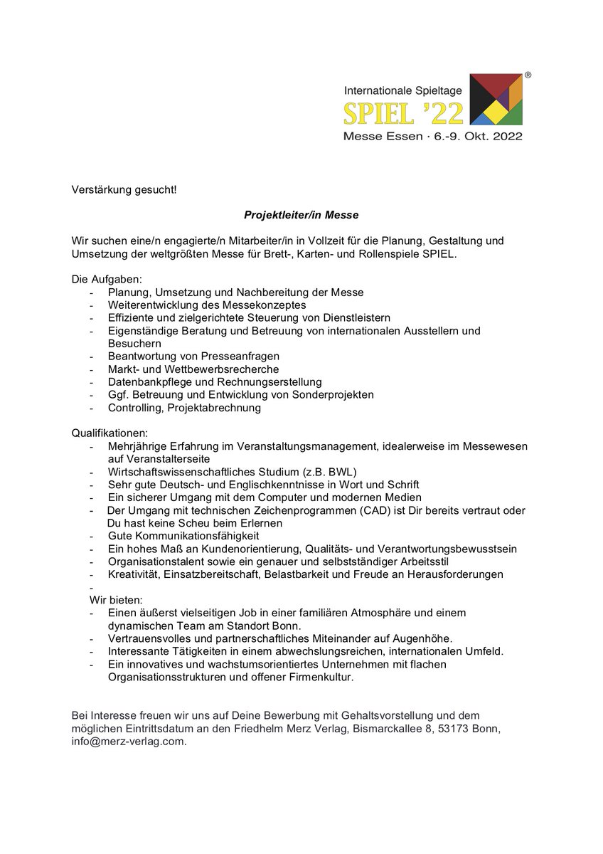 Verstärkung gesucht! Wir suchen einen Projektleiter oder eine Projektleiterin für die #SPIEL und freuen uns auf deine Bewerbung😃 spiel-messe.com/de/stellenange…