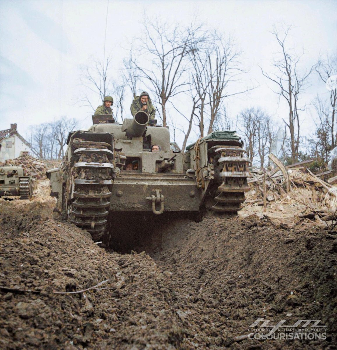 Churchill AVRE with Spigot mortar in Kleve, Germany, 12 February 1945.
Colour by RJM