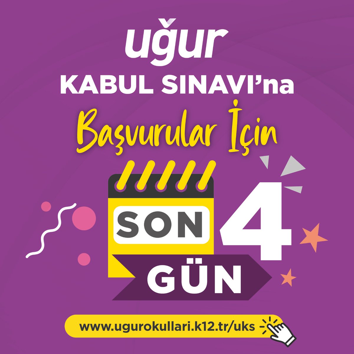 Uğur Kabul Sınavı’na başvurular için son 4 gün! 🚀

Sen de ugurokullari.k12.tr/uks sayfasından başvurunu hemen yap, başarını eğitim bursu ile ödüllendir. 👍

#UğurluGelecek