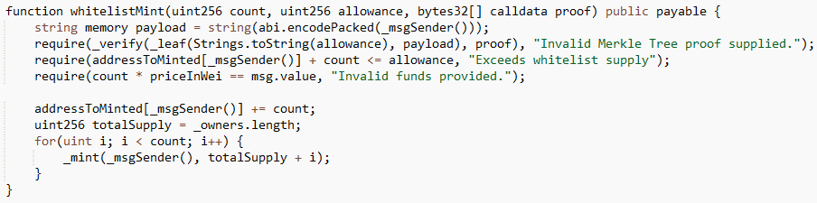 DeepIdentities's tweet photo. @nftchance hi @nftchance, came back to your Nuclear Nerds contract and would like to make sure of something please
do you confirm that the variable "allowance" in the function below refers to the max amount a specific address is allowed to WL mint, and it can vary depending the address? ty! https://t.co/5ihP4JjI5V
