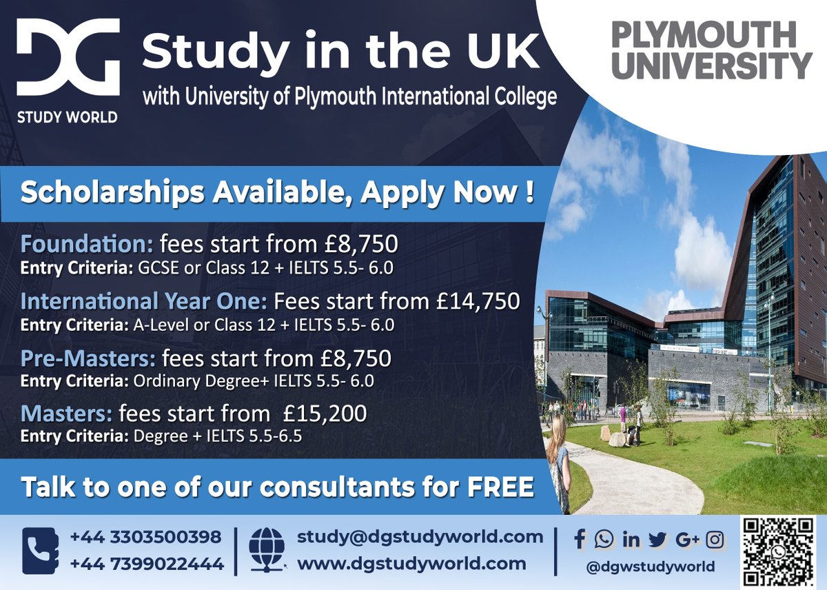 DGStudyWorld's tweet photo. The University of Plymouth is one of the largest universities in the UK, with over 23,000 students, including around 2,000 international students from over 100 countries, enrolled.
#studyinUK #abroadeducation #dgstudyworld #topagencyinuk #january2022 #studyabroad2022 #study https://t.co/ZMsz9h1csP