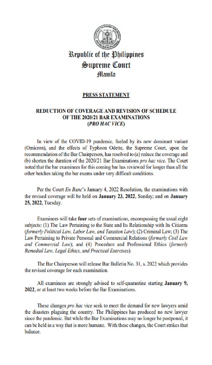 SCPh_PIO's tweet photo. #Bar2020_21 UPDATE: PRESS STATEMENT - Reduction of Coverage and Revision of Schedule of the 2020/21 Bar Examinations (Pro Hac Vice) #BestBarEver2020_21 https://t.co/zPNn4Suruk