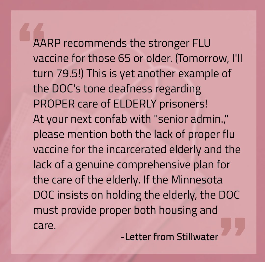 We received this letter from Stillwater regarding the availability of proper flu vaccine dosage for elderly prisoners. Alt text with each image.