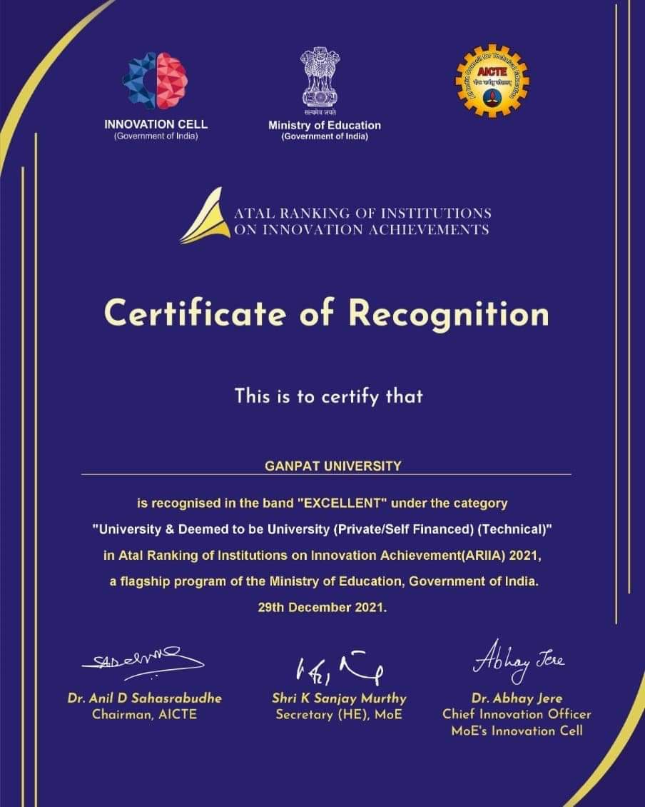 VMPatelInstitu1's tweet photo. @Ganpat_Uni  feels proud to share that,we have secured a place in the category of Excellent under the private university at National Level by ARIIA - Atal Ranking of Institutions on Innovation Achievements Ranking 2021 by MoE - @EduMinOfIndia (Government of India) on Dec 29, 2021 https://t.co/Z9SkB3hkFi