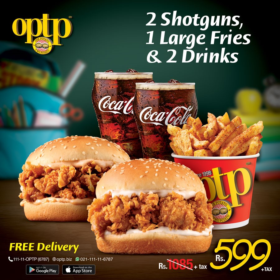 optp_fries's tweet photo. The treat just got doubled!
Get 2 ShotGun Burgers, 1 Large Fries & 2 Drinks for Rs. 599 +tax.
*Free delivery on Call, WhatsApp Web & App orders.
UAN: 111-11-OPTP (6787)
WhatsApp: https://t.co/mlgKkRYCJm
WEB: https://t.co/9WHHcEnaRl
#OPTP #OPTPPakistan #Deal #ShotGun #OPTPFries https://t.co/zWS9Sr0dgv