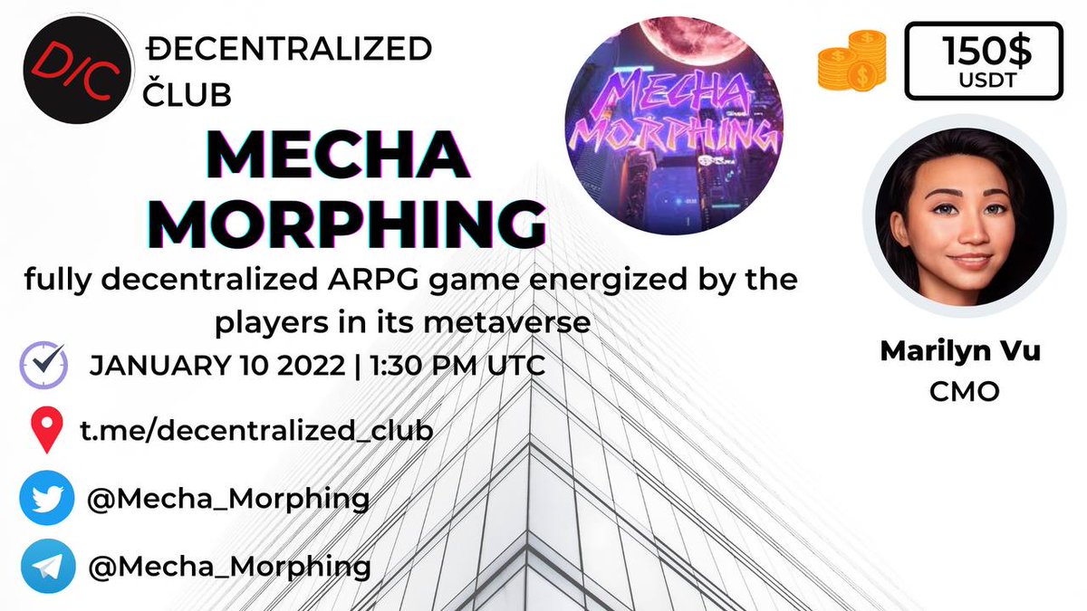 dens_club's tweet photo. DC will host AMA with @Mecha_Morphing on January 10 (2022) at 1.30PM UTC|8.30AM EST|7PM IST

10 questions from Twitter(5) &amp; Telegram(5) will share 150 USDT. 

1⃣Like,Retweet
2⃣tag 2 friends
3⃣Post Question https://t.co/cqQhSRa2Um