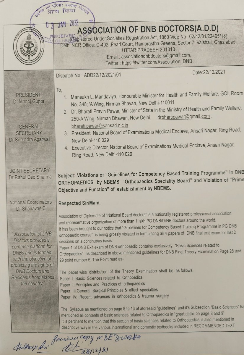 Association_DNB's tweet photo. Hard copies of Representations duly submitted @MoHFW_INDIA All brief points submitted to Hon. @DrBharatippawar as ordered in meeting,Mam has reassured to take up the matter for discussion with Hon. @mansukhmandviya  for redressal of grievances of PG DNB trainees of @NBEMS_INDIA https://t.co/2Hzf1QrAT2