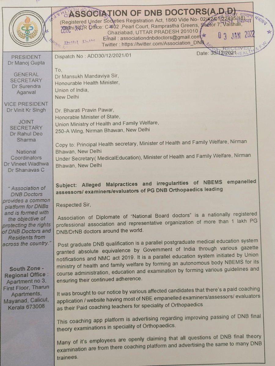 Association_DNB's tweet photo. Hard copies of Representations duly submitted @MoHFW_INDIA All brief points submitted to Hon. @DrBharatippawar as ordered in meeting,Mam has reassured to take up the matter for discussion with Hon. @mansukhmandviya  for redressal of grievances of PG DNB trainees of @NBEMS_INDIA https://t.co/2Hzf1QrAT2