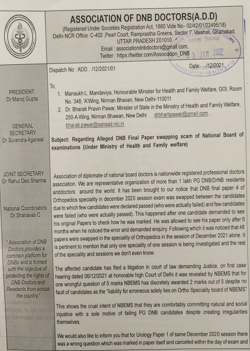 Association_DNB's tweet photo. Hard copies of Representations duly submitted @MoHFW_INDIA All brief points submitted to Hon. @DrBharatippawar as ordered in meeting,Mam has reassured to take up the matter for discussion with Hon. @mansukhmandviya  for redressal of grievances of PG DNB trainees of @NBEMS_INDIA https://t.co/2Hzf1QrAT2