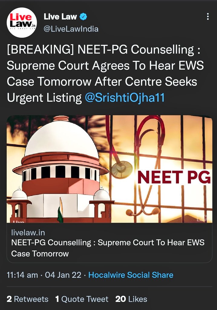 dentodontics's tweet photo. [BREAKING] NEET-PG Counselling : Supreme Court Agrees To Hear EWS Case Tomorrow After Centre Seeks Urgent Listing @LiveLawIndia @barandbench @ANI @MirrorNow @sanket @FordaIndia @FAIMA_INDIA_ 
@abhiandniyu @yuvahallabol
@hemantrajora_ @SrishtiOjha11 @ankitaup @MoHFW_INDIA @ndtv https://t.co/9J0ce8QOdX