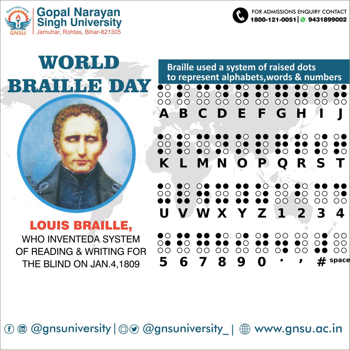 GnsUniversity_'s tweet photo. World Braille Day aims to spread awareness about Braille which is the means of communication for blinds and visually impaired people. It is also celebrated to remember the inventor of the Braille language, Louis Braille.#worldbrailleday #language #blinds #braille #gnsu https://t.co/SOwkbBJWUo
