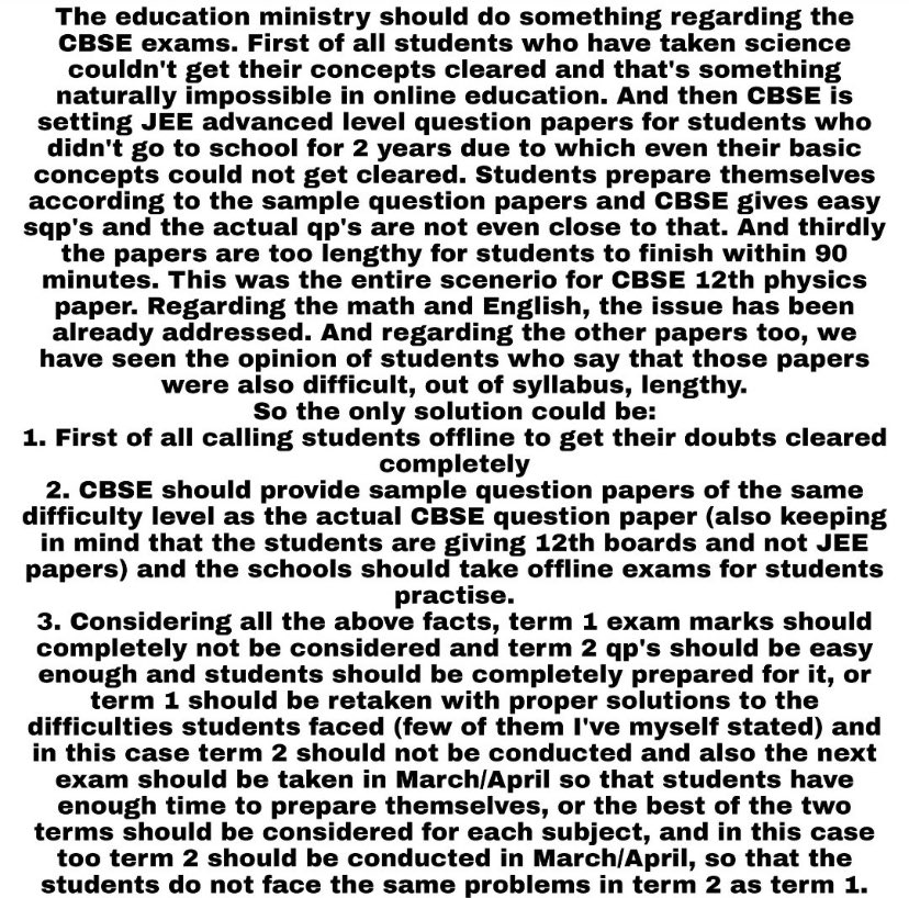 123hey45678's tweet photo. #cbse #dontcountterm1scores #cbseterm1 cbse please take some action. It is becoming unbearable. Term 1 was a total trauma. I am devastated and completely broken after term1. Everything is destroyed now. @EduMinOfIndia @dpradhanbjp help us please!! #cbseclass12 https://t.co/7Vhn0FcZvA
