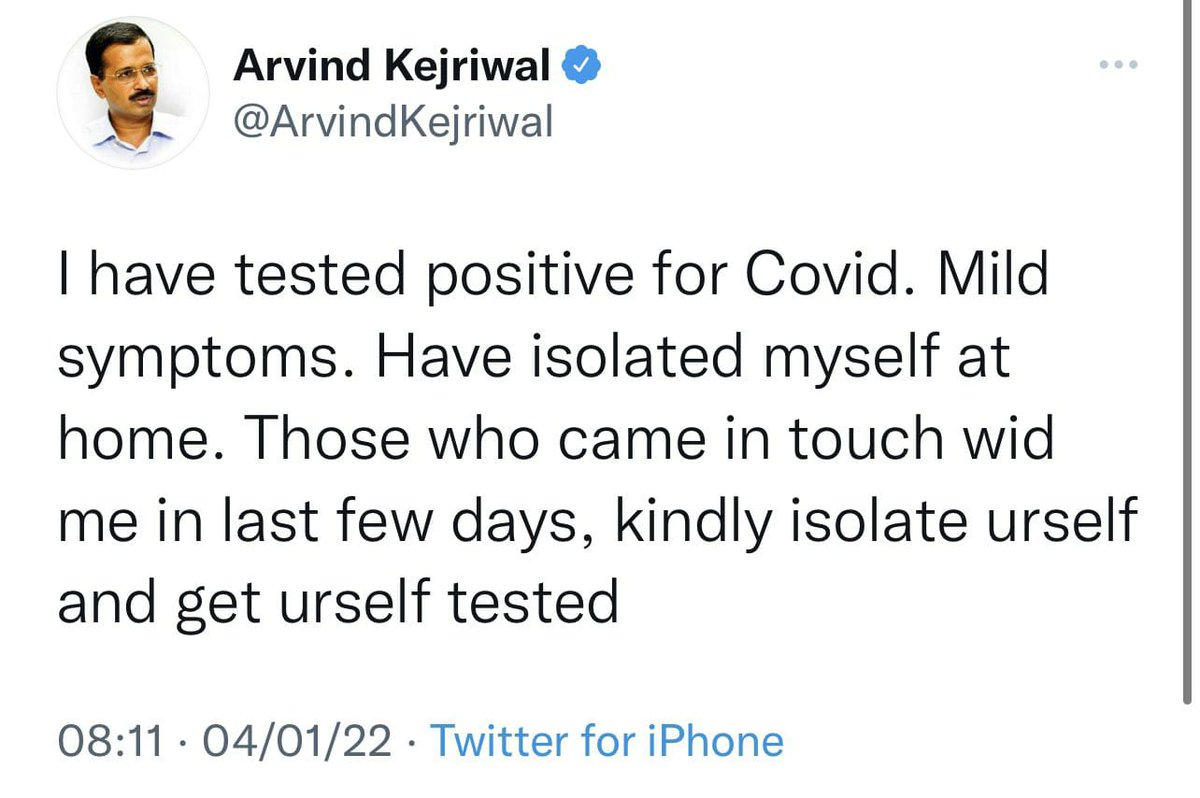 JehlamTimes's tweet photo. Delhi CM Kejriwal tests positive for Covid

NEW DELHI: Delhi Chief Minister Arvind Kejriwal on Tuesday informed that he has tested positive for COVID-19.Taking to Twitter, he said that he has mild symptoms and is isolated at home. https://t.co/R96cZWj8CC