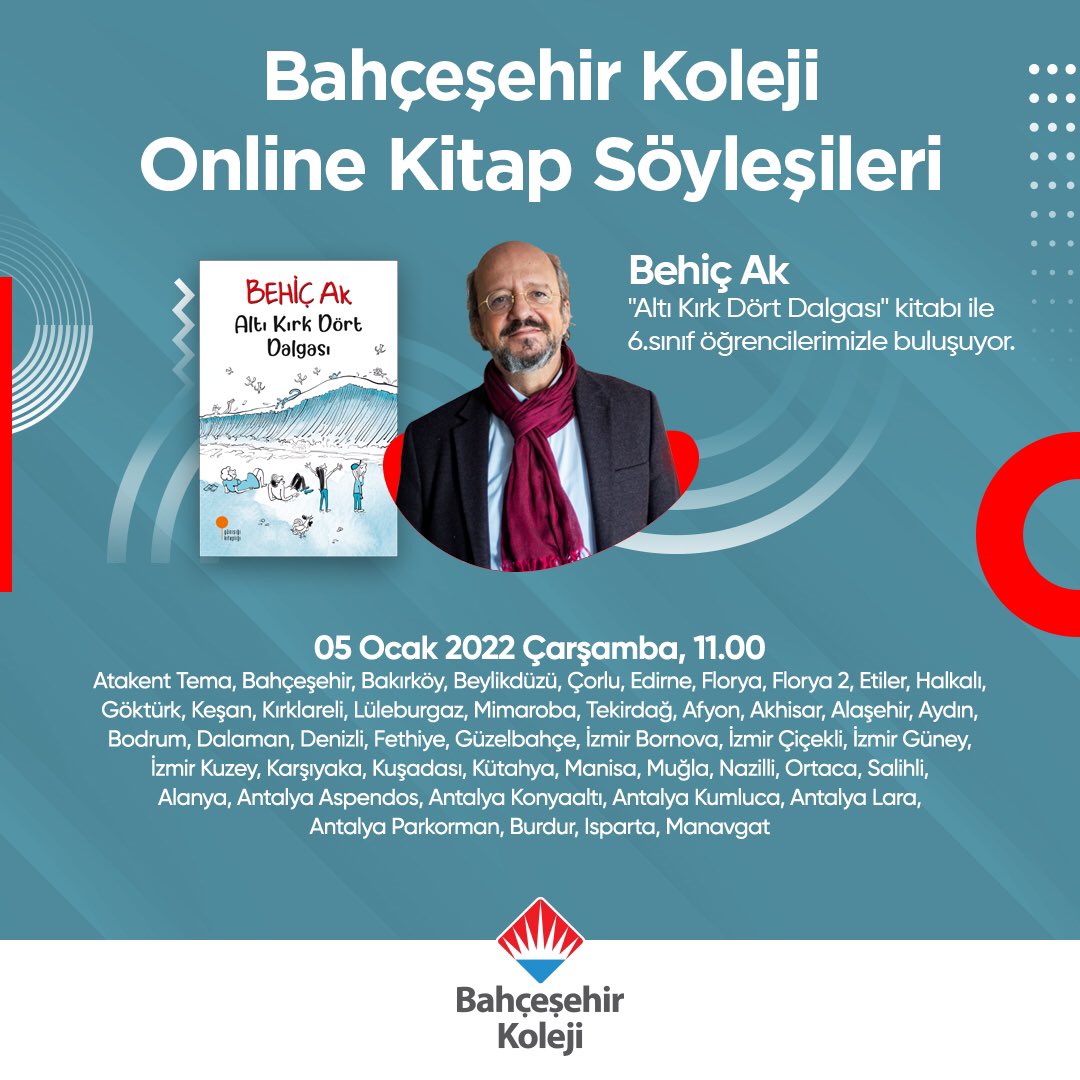 ✨Bahçeşehir Koleji Online Kitap Söyleşileri✨

Behiç Ak “Altı Kırk Dört Dalgası” kitabı ile 6. sınıf öğrencilerimizle buluşuyor.

📅 5 Ocak Çarşamba
⏰ 11.00

#bahçeşehirkoleji❤️💙