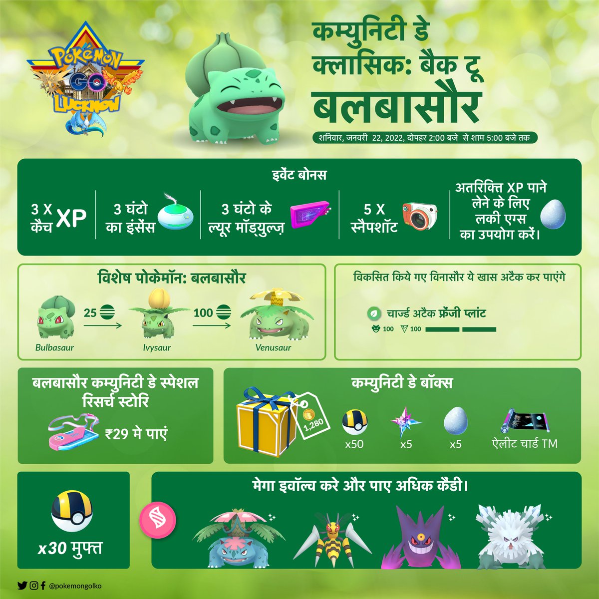 #CommunityDay Classic: Back to #Bulbasaur 🌿
(🇮🇳 Hindi &amp; 🇺🇸 English Infographics)

#PokemonGo  #CommunityDayClassic #PokémonGOApp #PokemonGoLucknow #PokemonGoLKO 
<a href="/PokemonGoAppIN/">Pokémon GO India</a> 
#PokemonGoHindi