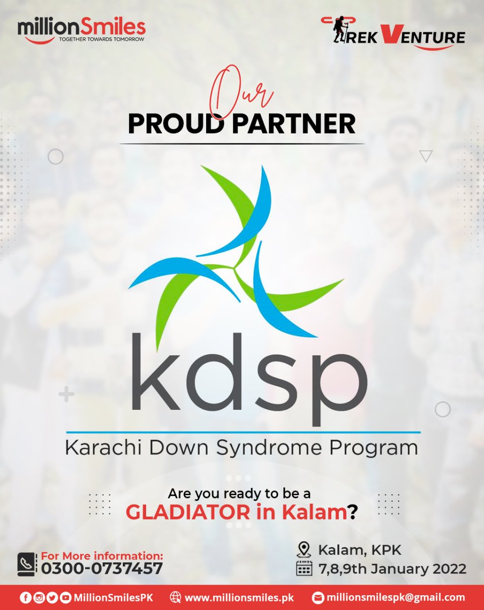 Million Smiles (@millionsmilespk) on Twitter photo We proudly announce <a href="/KDSProgram/">KDSP - A Down Syndrome Organisation</a> as our official Partner for #TrekVenture.
Thank you "Karachi Down Syndrome Program" for supporting this youth development initiative.
#LeadershipCamp #Training #youthdevelopment We proudly announce <a href="/KDSProgram/">KDSP - A Down Syndrome Organisation</a> as our official Partner for #TrekVenture.
Thank you "Karachi Down Syndrome Program" for supporting this youth development initiative.
#LeadershipCamp #Training #youthdevelopment