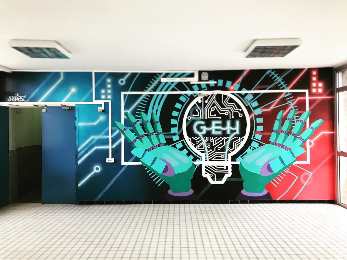 Maderno_'s tweet photo. Wall painting made for Montpellier university on the theme of electronic ⚡️⚡️ #iutmontpellier #wallpainting #mural #StreetArt #graffitiart  #neonpainting https://t.co/cr0X8HvtHY
