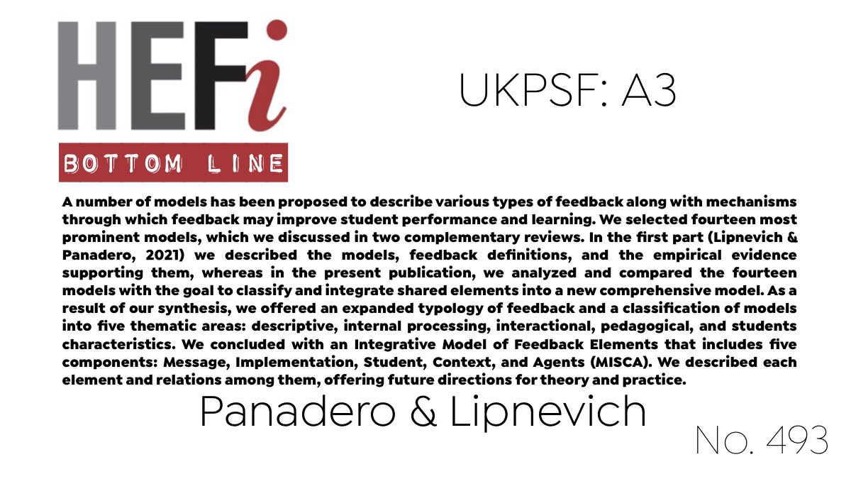 UoB_HEFi's tweet photo. #BottomLine No. 493: A review of feedback models and typologies: Towards an integrative model of feedback elements
@ernestopanadero & @ALipnevich
https://t.co/jzfzqismW7
#Feedback #Models #Typology #Definition #Review https://t.co/ek3kQA5BLB
