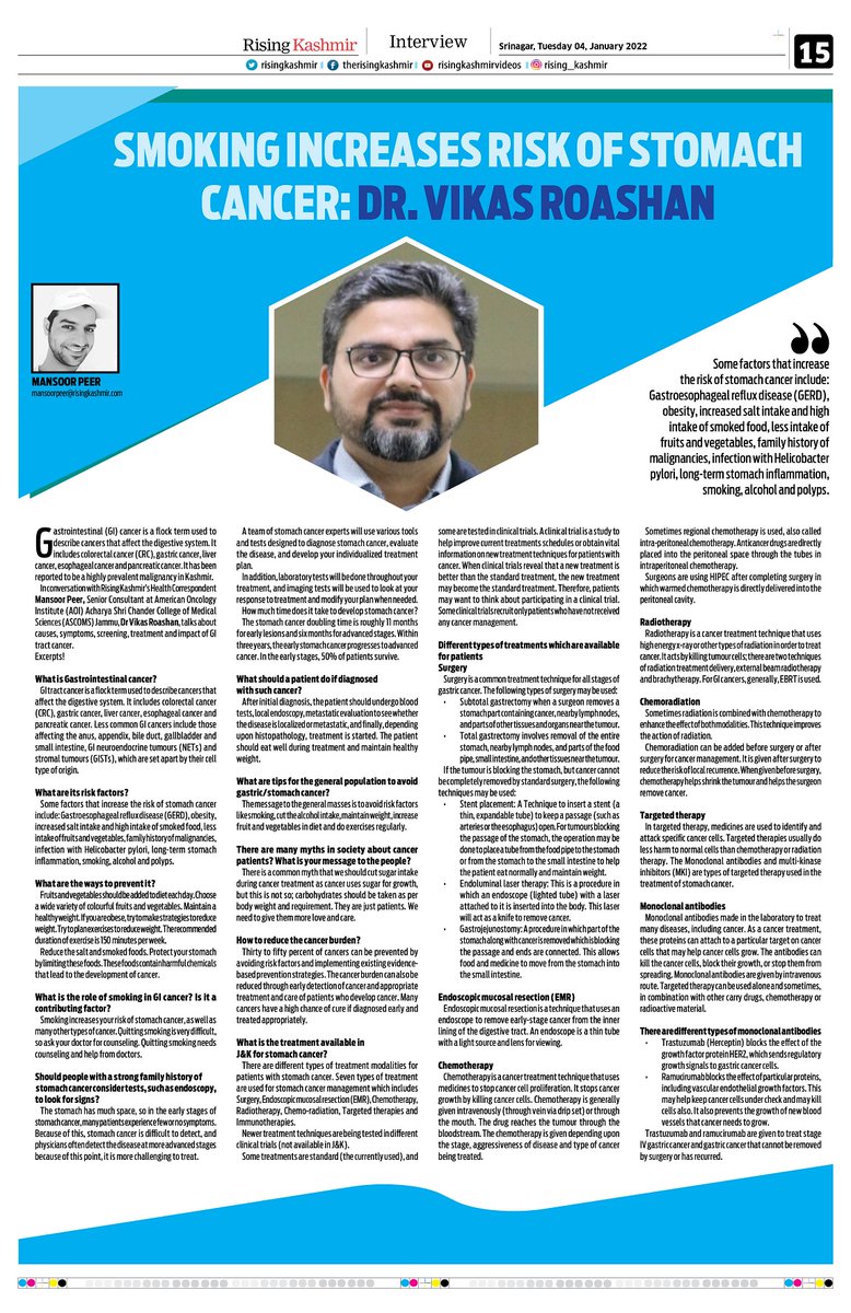 RisingKashmir's tweet photo. GI has been reported to be a highly prevalent #malignancy in #Kashmir. In conversation with @PeerzadaMansoor, Senior Consultant at American Oncology Institute (AOI) Acharya Shri Chander College of Medical Sciences (#ASCOMS) #Jammu, Dr Vikas Roashan
https://t.co/ofUUsxmfBt https://t.co/2ZZL5ApgHp