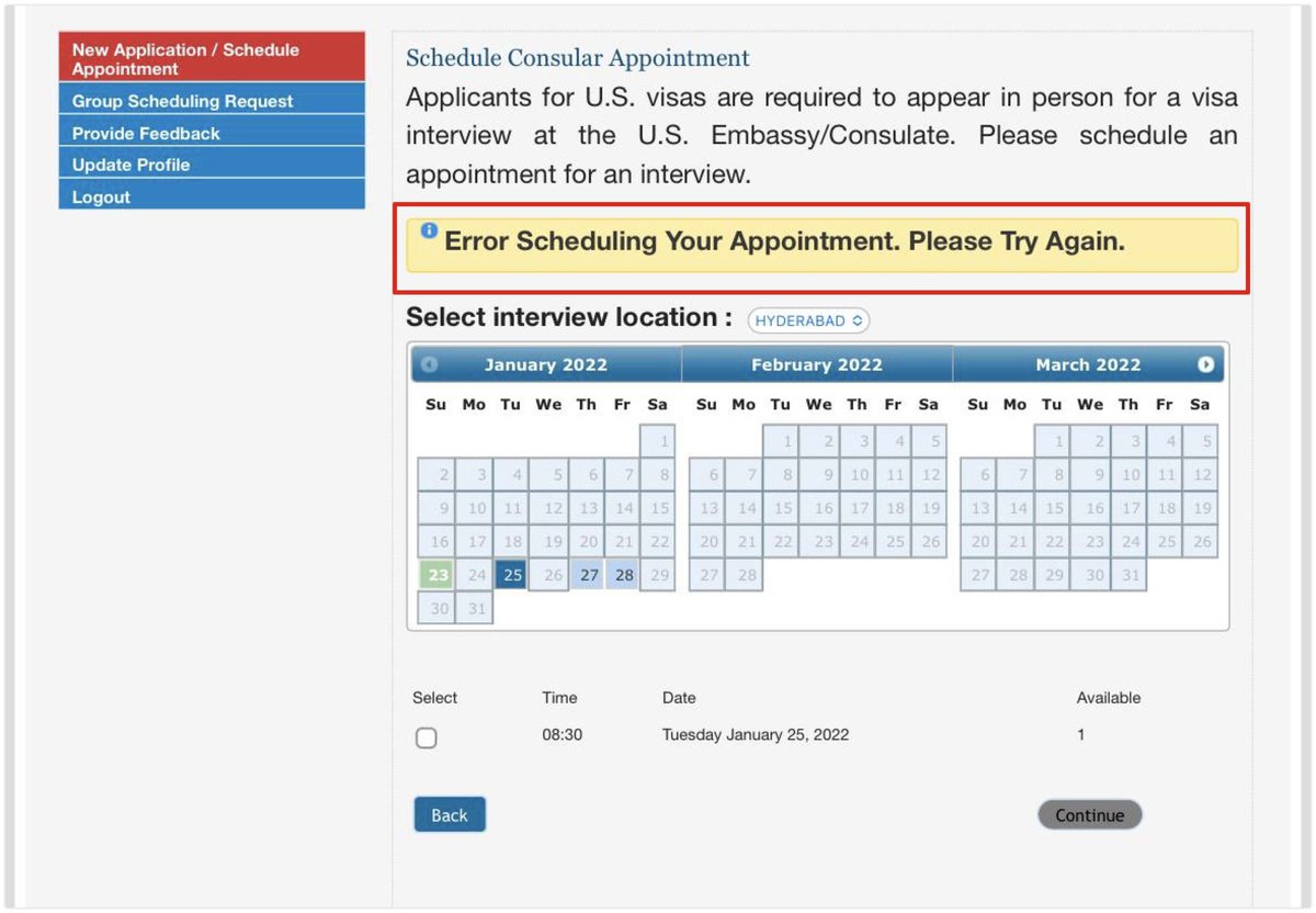 kkapgm's tweet photo. @USAndIndia @USAndIndia @USAndMumbai while its great that visa interviews waived for some, those needing it are having hard time scheduling slot from the website. It keeps giving Error right after selecting dates. Happens even when its 1st login of the day.Please look into this, pls help. https://t.co/bY9p0BERXQ
