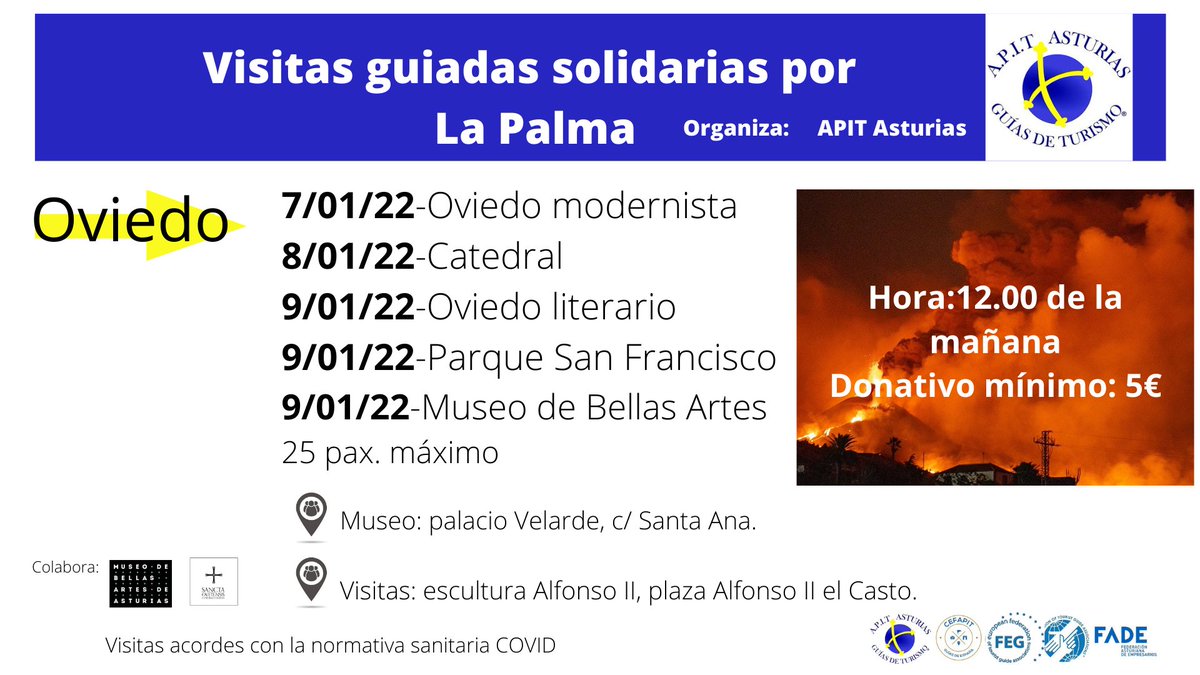 Volvemos con nuestras visitas guiadas solidarias por La Palma. Esta vez por Oviedo.
Para la visita al @museobbaaasturias es necesario inscribirse en comisiontic@guiasturismoasturias.com.
¡Os esperamos! <a href="/CEFAPIT/">Guías de España</a> @FADE_COMUNICA <a href="/TurismoAsturias/">TurismoAsturias</a>