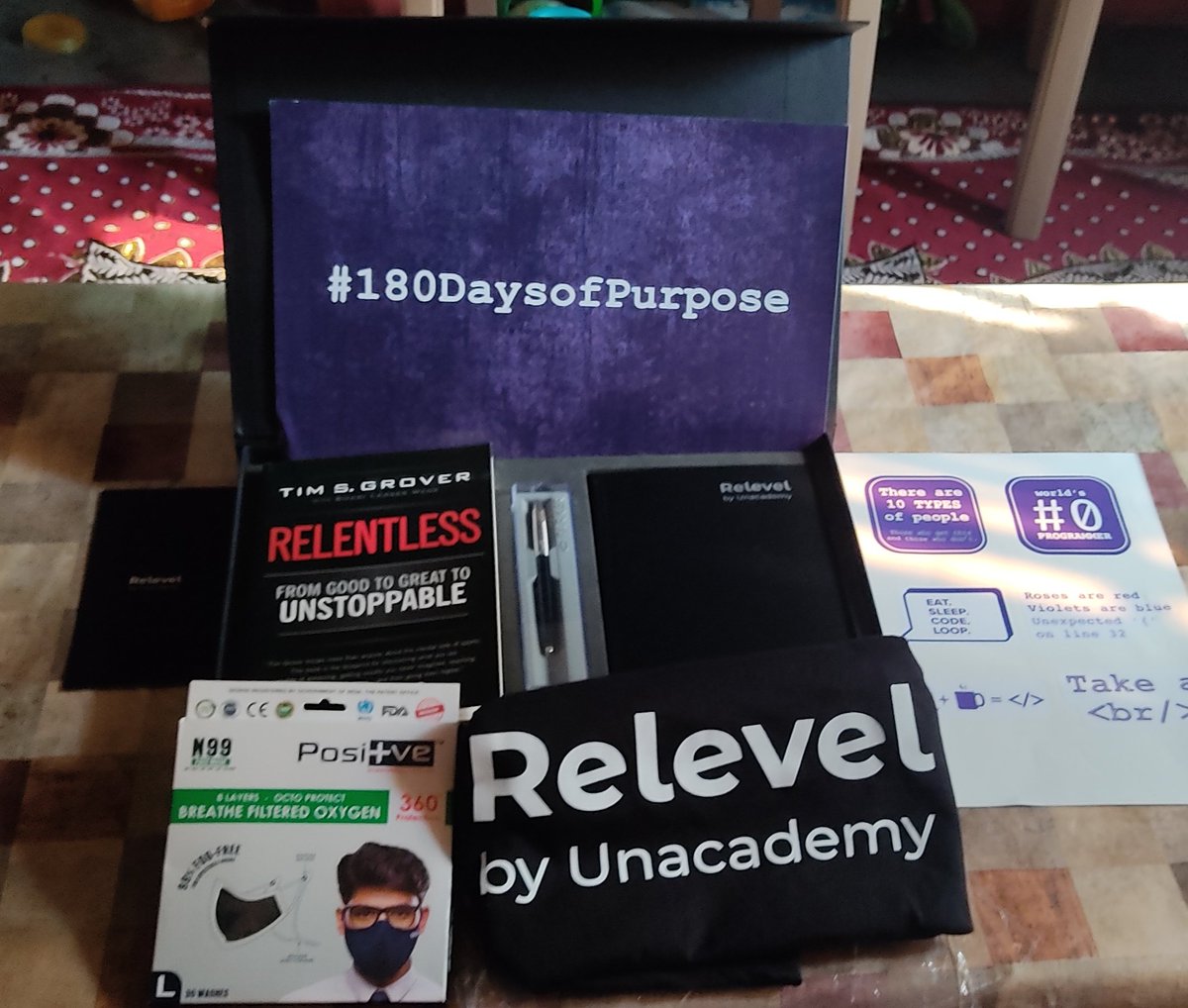 devkeycode's tweet photo. Just received the welcome kit by relevel team. Thanks @relevelhq. Really looking forward to turn #180DaysofPurpose hashtag into real action. https://t.co/IzlpFhgrsZ
