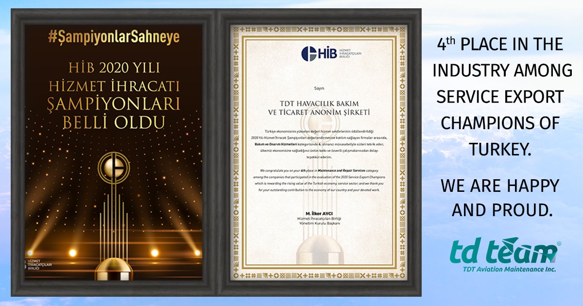 TDTeamAviation's tweet photo. Once again among service export champions of Turkey.
#TdTeam #MRO #Part145 #LineManintenance #GlobalSolutions #Aviation #EASA #BCAA #DGCA #SCAA https://t.co/eOxEadYA1S