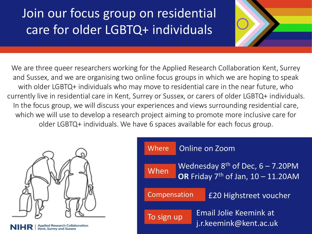 For two online focus groups, researchers from The University of Kent and The University of Sussex are looking for older people who identify as LGBTQ+ and who currently live in, or may soon move to residential care in Kent, Surrey of Sussex.