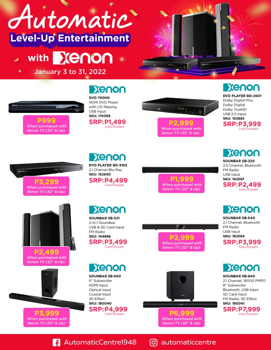 AutomaticCentre's tweet photo. Sigurado ang pasok ng swerte sa Bagong taon with these Level-up Entertainment deals from Xenon👍🏻📺 https://t.co/Iq7YF7FzRq