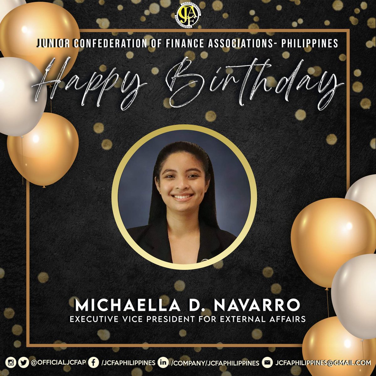 OfficialJCFAP's tweet photo. The Junior Confederation of Finance Associations - Philippines wishes you pleasure, laughter, and fond memories!

Happy Birthday to Ms. Michaella Navarro! Our Executive Vice President for External Affairs of the Academic Year 2021 - 2022 https://t.co/PDIR2592xO