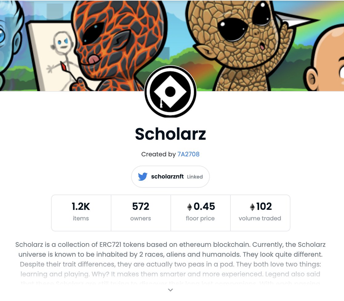 scholarznft's tweet photo. We just broke 100e volume traded in @opensea with fp at 0.45 atm. Thank you everyone for supporting us!🥳🥳🥳 https://t.co/3ZlJZvJ0W7