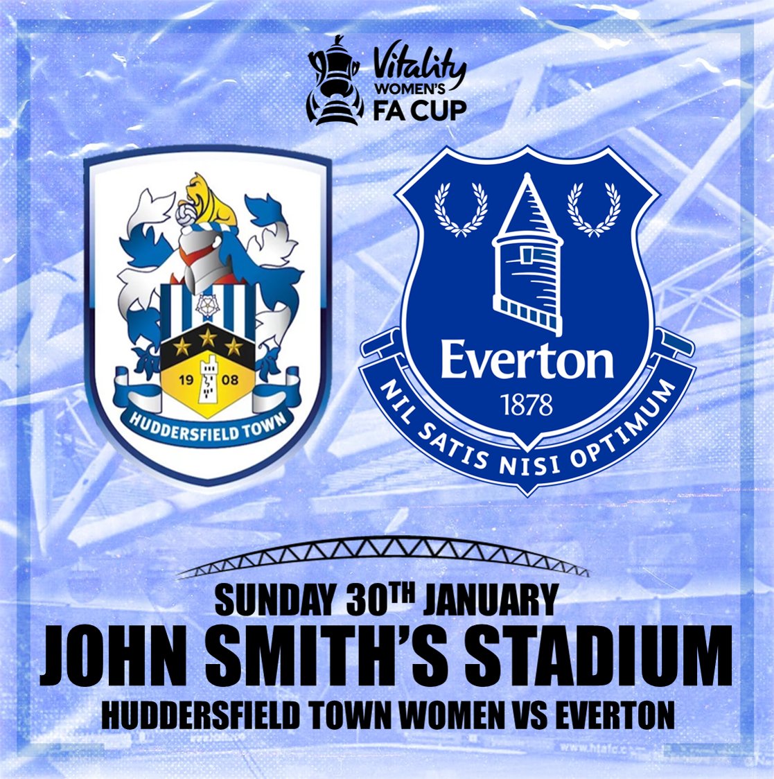 HTAFCWomen's tweet photo. 🚨 We are delighted to announce that we will be playing our Fourth Round @VitalityWFACup game against @EvertonWomen at the @JS_Stadium on Sunday 30 January. 

👉 Ticket information, kick-off time and updates will be confirmed in coming weeks.

#htafc #womensfacup https://t.co/CZ1UPVyVeU