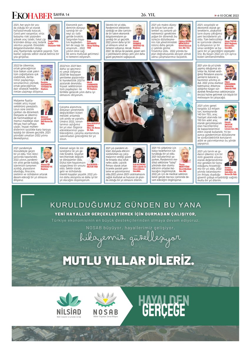 Yeni yılda yeni umutlar
Salgının etkileriyle küresel ölçekte yaşanan sıkıntılar #Bursa’yı da etkiledi. Bursa iş dünyası temsilcileri, 2022’nin döviz kurlarındaki dalgalanmaların son bulup, öngörülebilir ekonomik şartların oluştuğu bir yıl olmasını diliyor.
ekohaber.com.tr/inceleme/yeni-…
