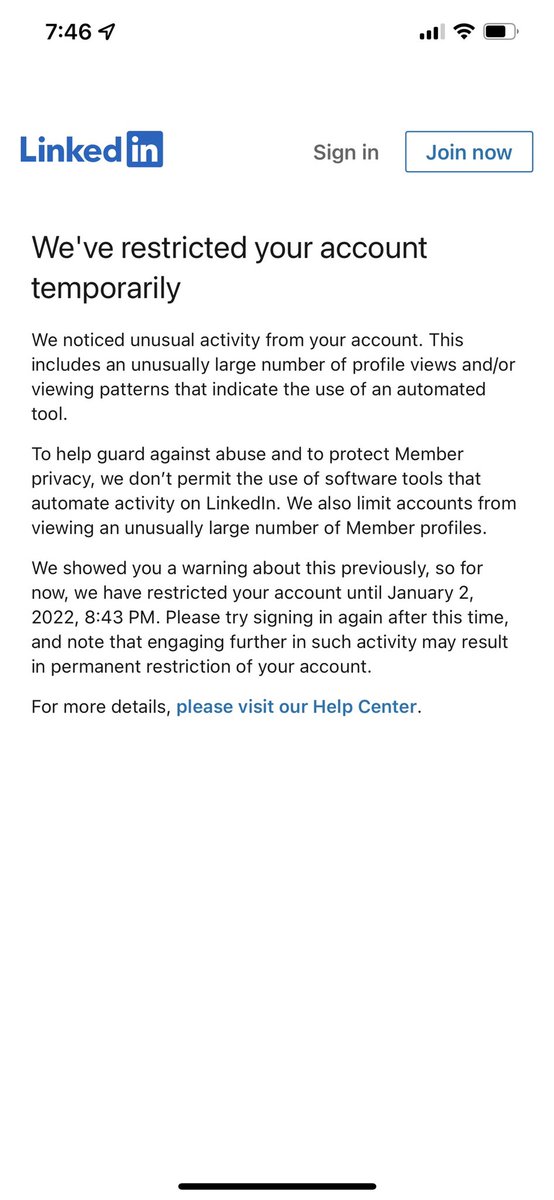coollog's tweet image. Apparently @LinkedIn doesn’t like it when you try to use their platform for recruiting. Their system suspends your account if you try to view a series of profiles one after another. #terribleUX