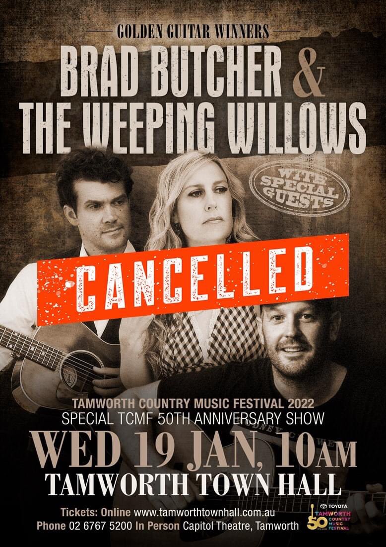 weepinwillows's tweet photo. We, along with our beloved tour buddy, @BradButcherHQ, have made the incredibly difficult decision to cancel our @TCMF_Official show together at the Tamworth Town Hall on Wednesday 19 January. Thanks to all who showed their support; ticket holders will be contacted shortly. 🙏❤️ https://t.co/DWVLN4X3Rc