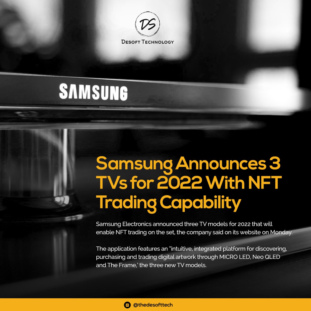 Vajawatcomputer's tweet photo. @TechDesoft Samsung announces 3 TVs for 2022 with NFT trading capability for their users to amplify the their amusement. #samsungtv #nft #samsungproducts #tv #smarttv #ledtv #oledtv #tvmodel #samsungupcomingtv #tvs #television #televisions #samsungelectronics https://t.co/x2yF8w7iPS