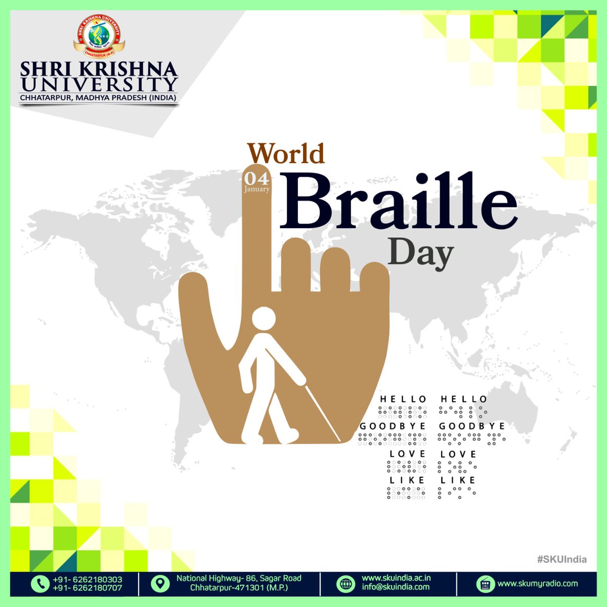 skuindia's tweet photo. Education, Literacy, and Communication are as important as safety for all. Louis Braille was an educator whose name is known world-wide today for the language for the visually impaired.
#WorldBrailleDay
#Braille
#विश्वब्रेलदिवस
#LouisBraille
#SKU
#Skuindia
#SKUTrends
#MP16 https://t.co/TvfhrgrQvi