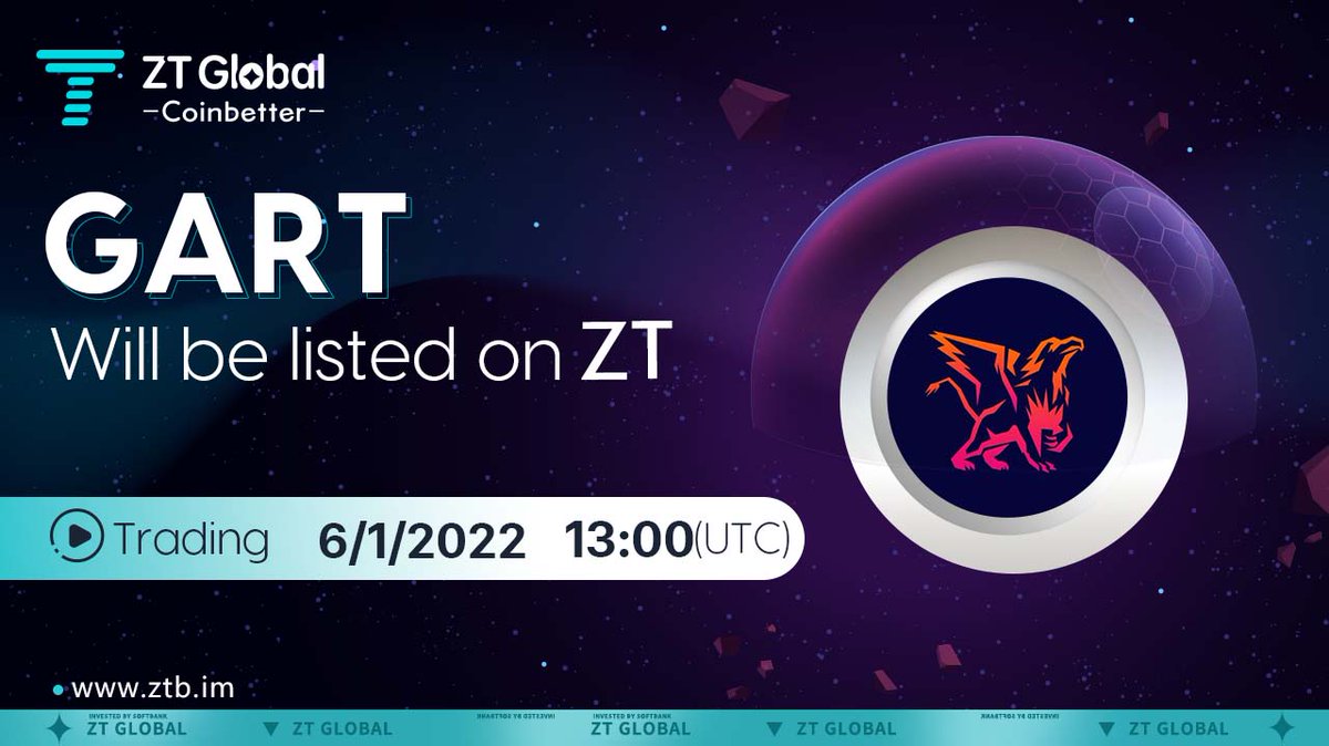 📢#ZTnewlisting🍬
#GART  will be listed on the #ZTexchange

🔷Trading pair: $GART/USDT
🔷Recharge:  8:00 Jan 6, 2022 (UTC)
🔷Trading:  13:00 Jan 6, 2022 (UTC)
support.clfxpx.com/hc/en-001/arti…
@GriffinNFTArt