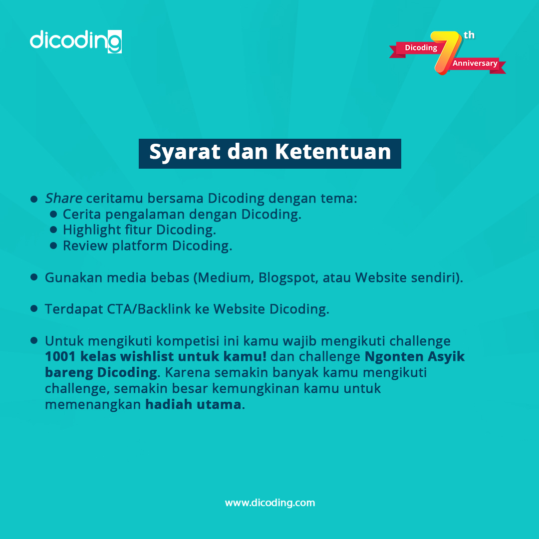 dicoding's tweet image. Challenge 3🔍
Senang berbagi pengalaman melalui tulisan?
Punya cerita menyenangkan selama belajar di Dicoding?

Yuk tuangkan kisahmu dalam bentuk tulisan!
Ada Macbook Air M1 spesial untuk kamu!💻
Cek detail selengkapnya di dicoding.id/dicoding7tahun
#Dicoding #Dicoding7thAnniversary
