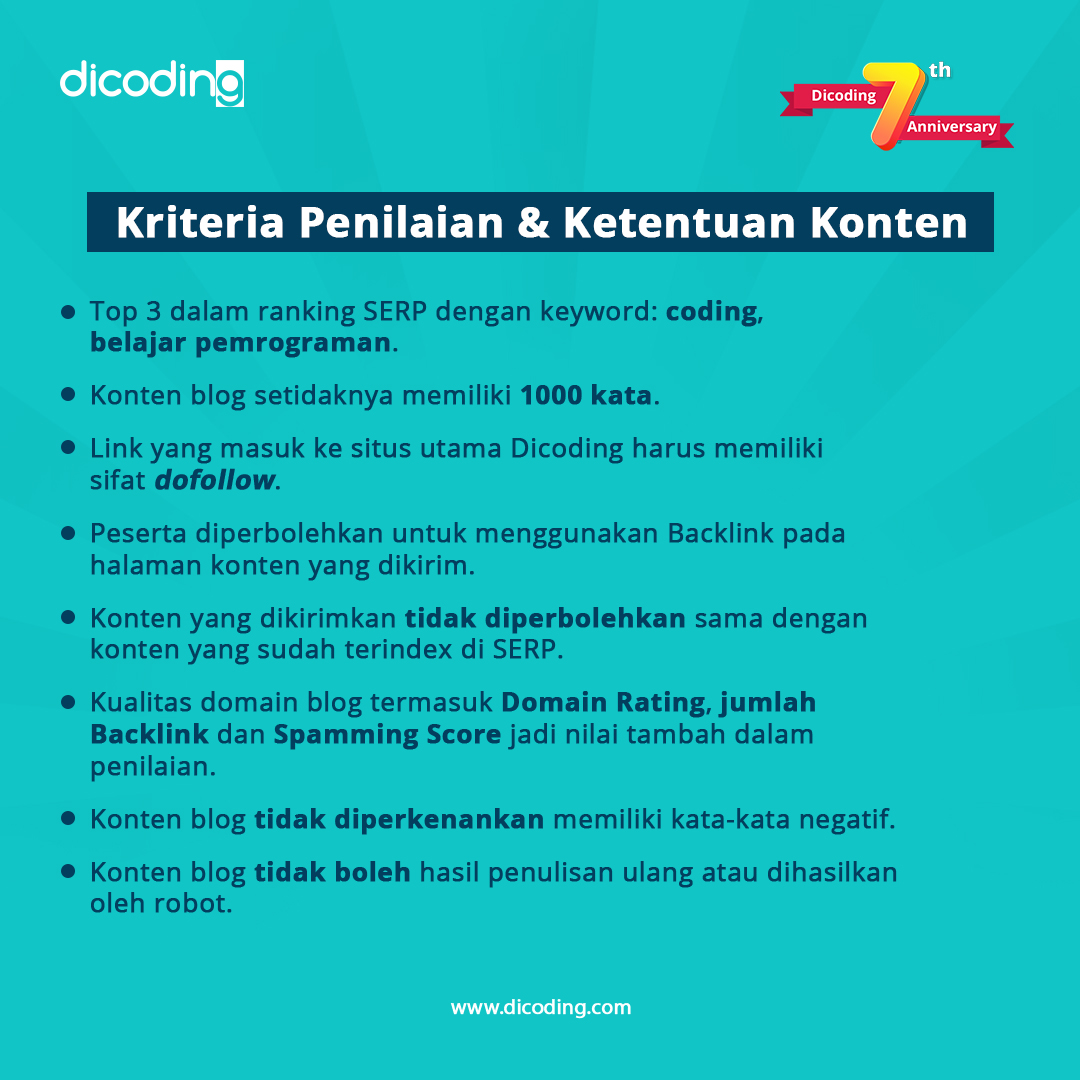 dicoding's tweet image. Challenge 3🔍
Senang berbagi pengalaman melalui tulisan?
Punya cerita menyenangkan selama belajar di Dicoding?

Yuk tuangkan kisahmu dalam bentuk tulisan!
Ada Macbook Air M1 spesial untuk kamu!💻
Cek detail selengkapnya di dicoding.id/dicoding7tahun
#Dicoding #Dicoding7thAnniversary