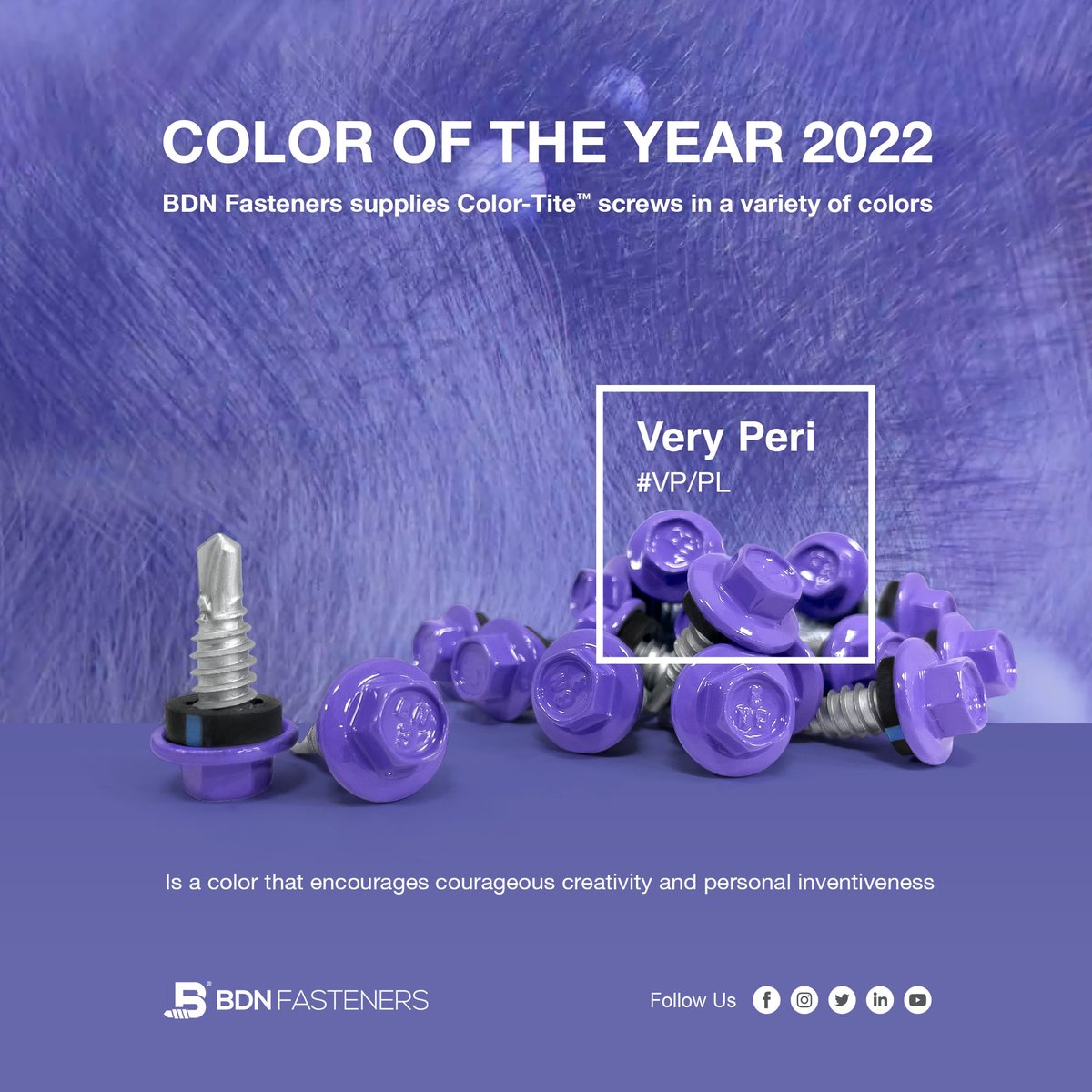 BDNfasteners's tweet photo. COLOR OF THE YEAR 2022
BDN Fasteners supplies Color-Tite™ screws in a variety of colors

#PANTONE  #VeryPeri
Is a color that encourages courageous creativity and personal inventiveness

#Taiwan #selfdrillingscrews #Selftappingscrews #RoofingScrews
🌐 https://t.co/PI4jsD3DC7 https://t.co/uSMmGqEs7W