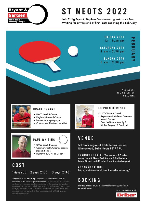 We are coming back strong in 2022 with our next camp, at St Neots TTC at the end of February 🏓

Follow the link the Bribar Table Tennis website, to download a booking form: bribartt.co.uk/tournaments-co…

Email your booking form to: bryantgertsentabletennis@gmail.com

See you there!🏓
