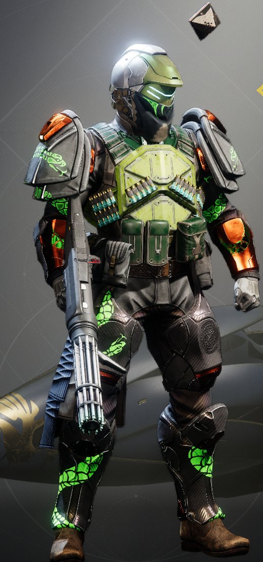jsninaz's tweet photo. Fixed up my "Lean Mean Green Machine-Gunner" Build = Actium War Rig + Sweet Business w/High-Energy Fire, Sustained Charge &amp; Taking Charge! 

I won't be sneaking around anywhere, but I punch things in the face anyways.

#destiny2 #dadsofdestiny https://t.co/4fRi82cV0n