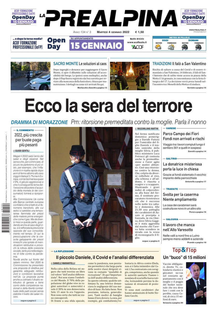 dbellasio's tweet photo. Oggi #4gennaio un'edizione notevole ma drammatica de @La_Prealpina con l'ordinanza del caso di #Morazzone, un'analisi di @guidogentili1 che come sempre prevede il prossimo tema di dibattito politico-economico e il Top and flop di Giuseppe Sciascia https://t.co/iA1FDfw2SL