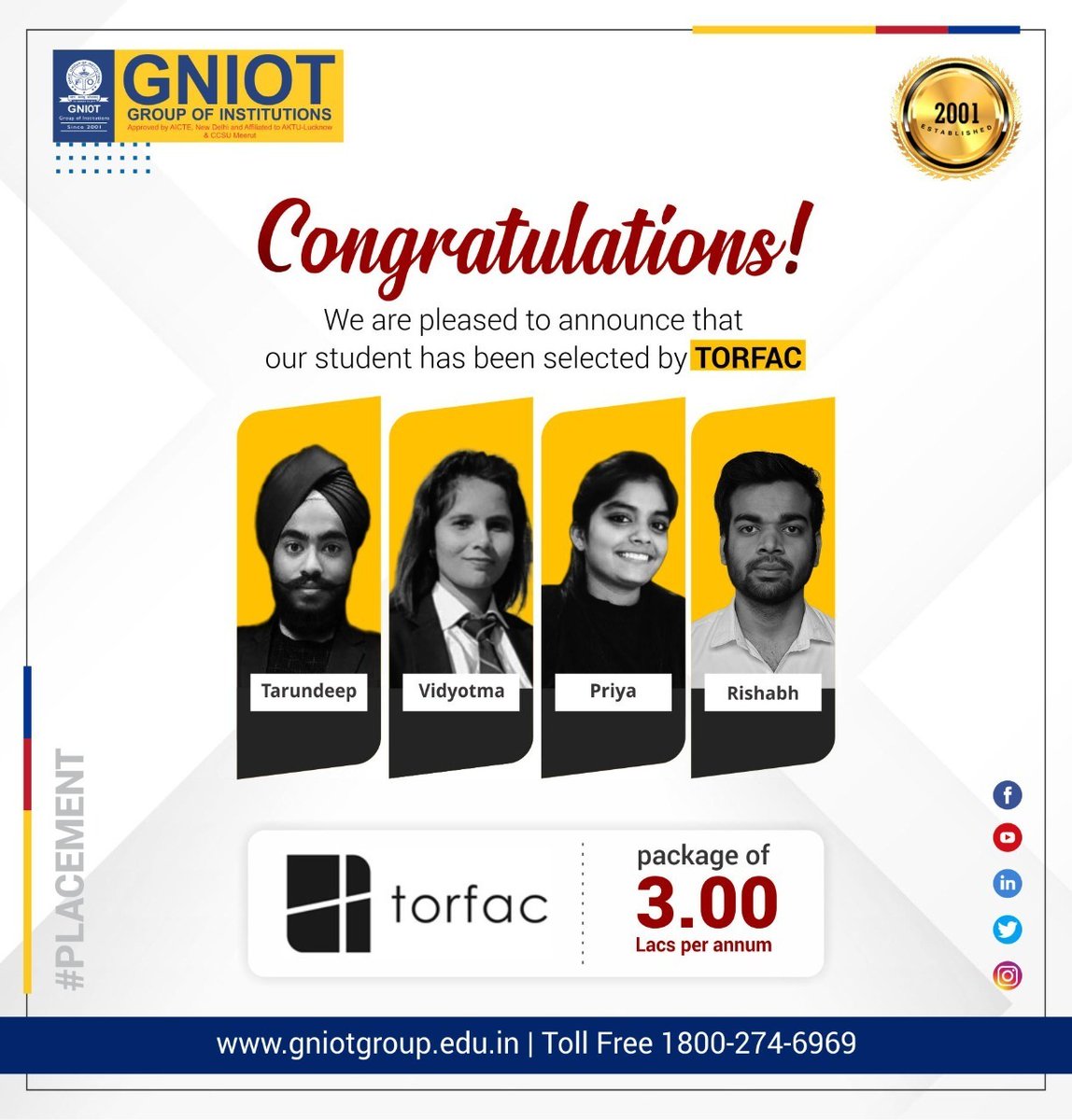 GNIOTCollege's tweet photo. It is with Great pleasure! We are happy to announce that our students got selected in Torfac with the salary Package of 3.00 Lac/Annum We heartily congratulate and wish them all the good luck for their bright and prosperous future ahead. #Torfac #GNIOT #RecentPlacement #Placement https://t.co/9etDGLFKAU