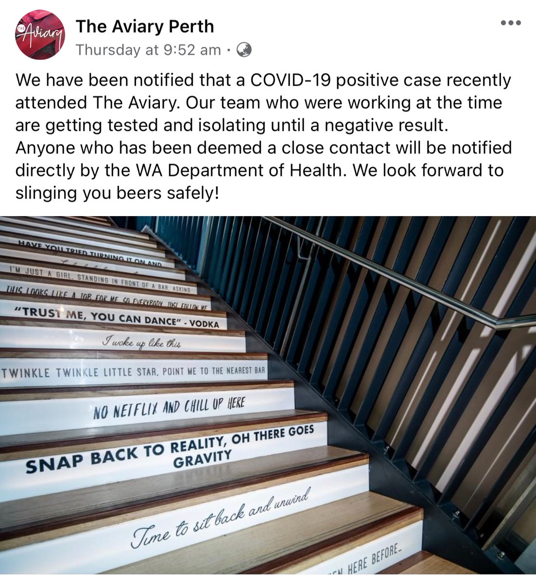 rman_trebor's tweet photo. @GemmaTognini @grazinggoat66 @drjoesDIYhealth @CaroDiRusso @ClayGolledge @SkyNewsAust @Gary_Hardgrave @WAHealth It took @WAHealth how many days after the venue self reported and announced it ? This was a FB post from Thursday. WA Gov asleep at the wheel. May as well let her rip. #goodlucknotgoodmanagement #WaitAwhile #anotherdayinWA https://t.co/5m7oYemp70
