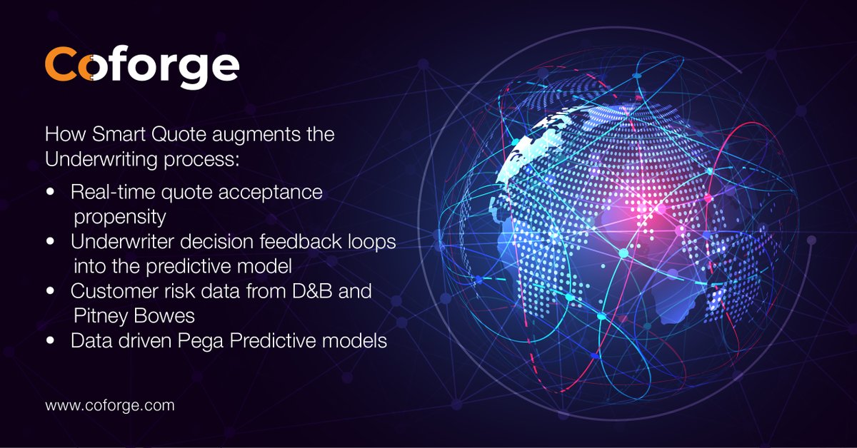 Coforge_Tech's tweet photo. data-drivenUse data driven analytics to improve business efficiency in the insurance industry, with Smart Quote powered by Pega AI. https://t.co/8dfwZgWPI7 
#Coforge #CoforgeInsurance #PegaAI #SmartQuote #DataAnalytics https://t.co/BNrktb7nCL