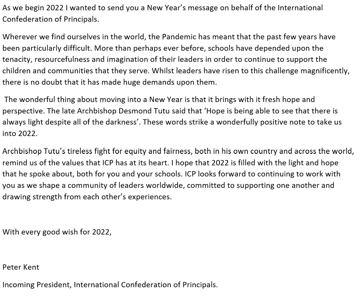 ICPConnect's tweet photo. As we begin 2022, ICP would like to share our message of support for school leaders worldwide @ASCL_UK @drkarenedge @AGPPA2000 @ASEPA_President @IPPN_Education @PaulByrne_NAPD @FionaForbesDUni @LeoraCruddas @steve_munby https://t.co/jWNdNI2mLU